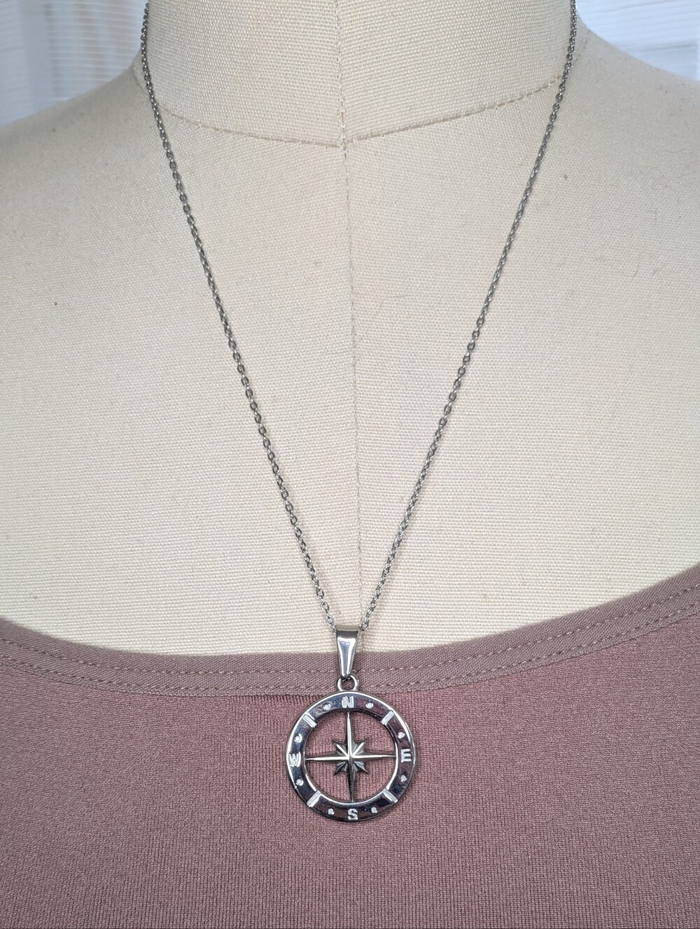Silver Tone Compass Rose Starburst Pendant Long Chain Necklace